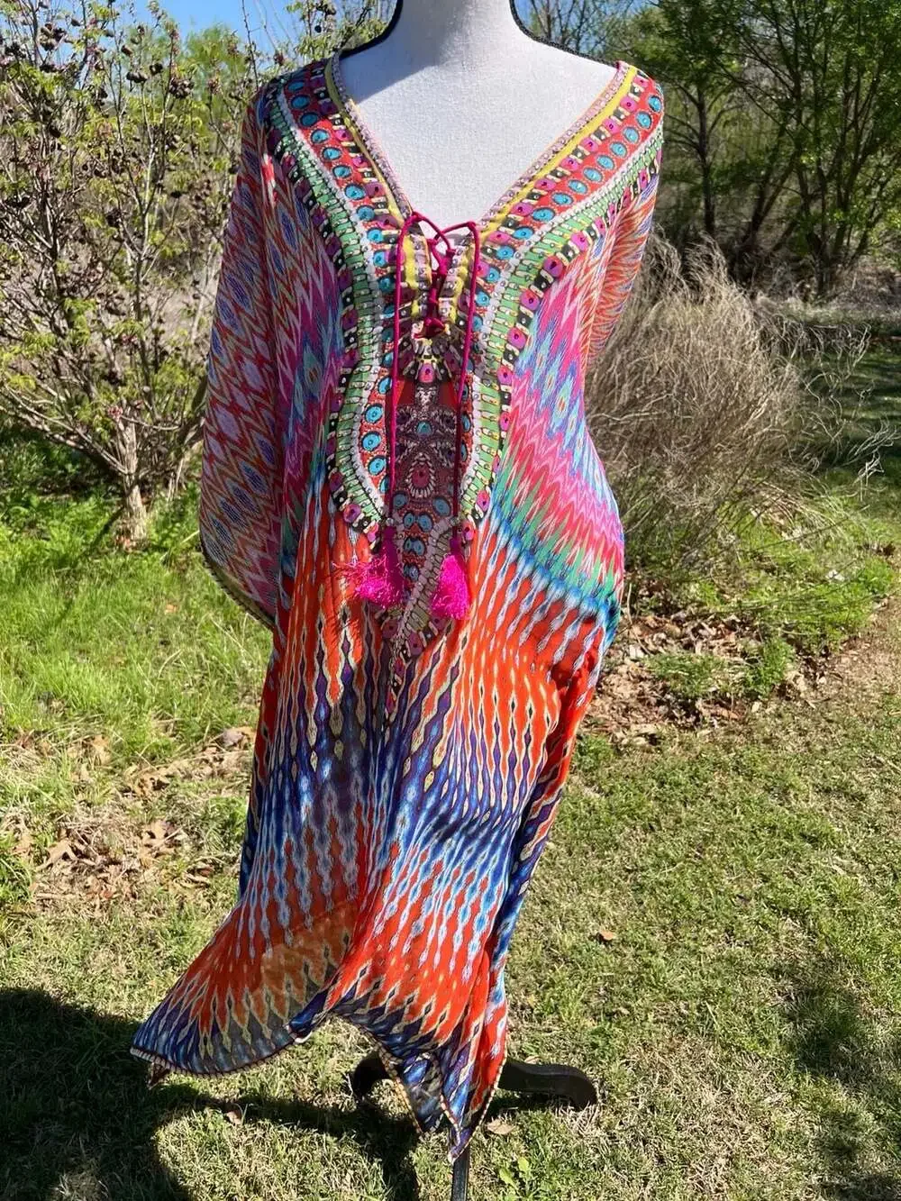 True Colours By La Moda Embellished Lace-Up Kaftan Dress - Picture 1 of 15